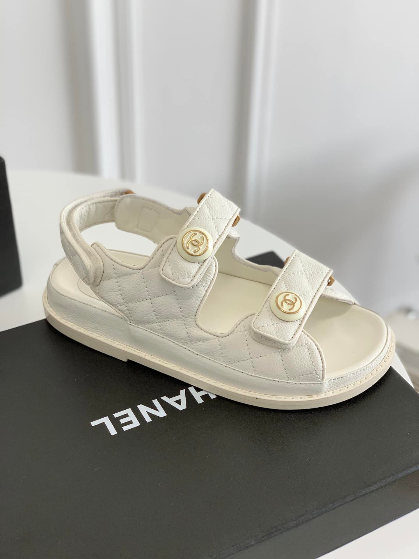 Ch**el Cc Button Velcro White Sandals Grained Calfskin Leather