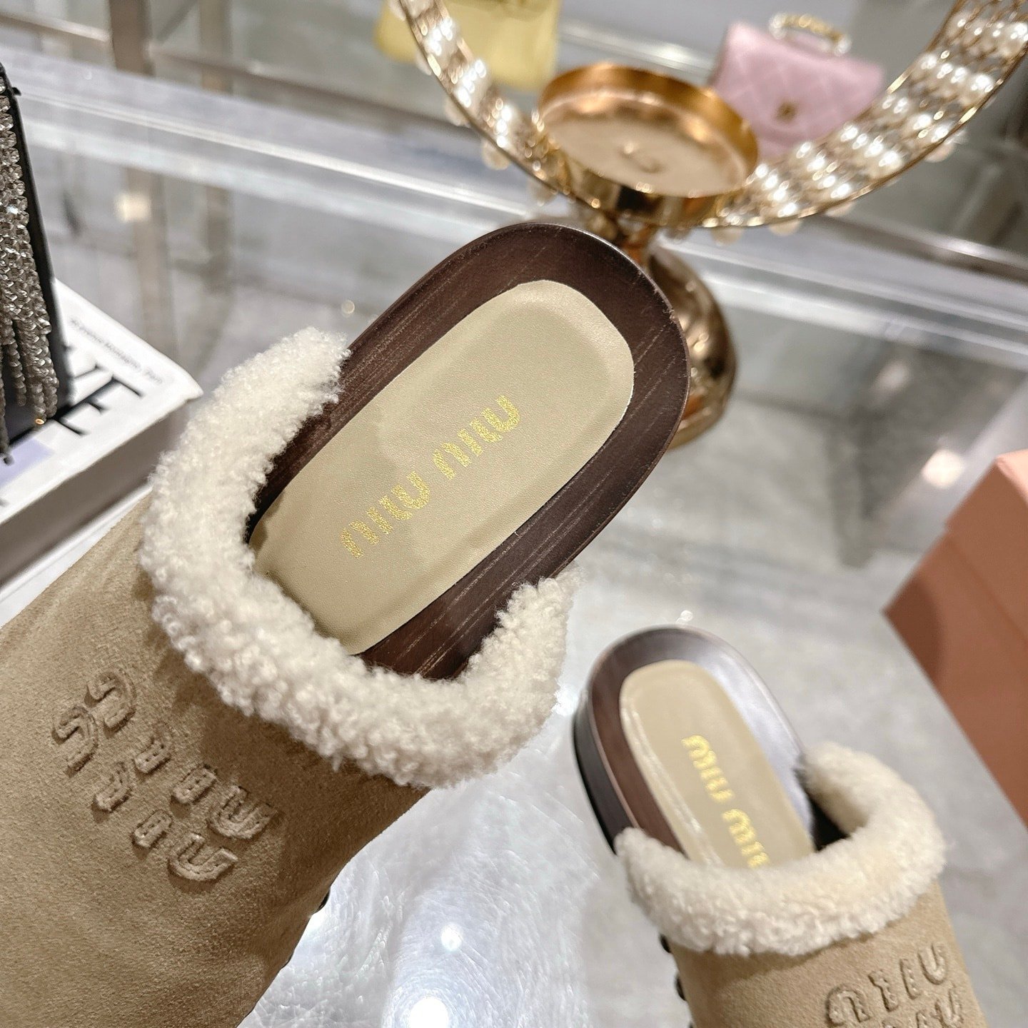 M1um1u Suede Clogs Beige