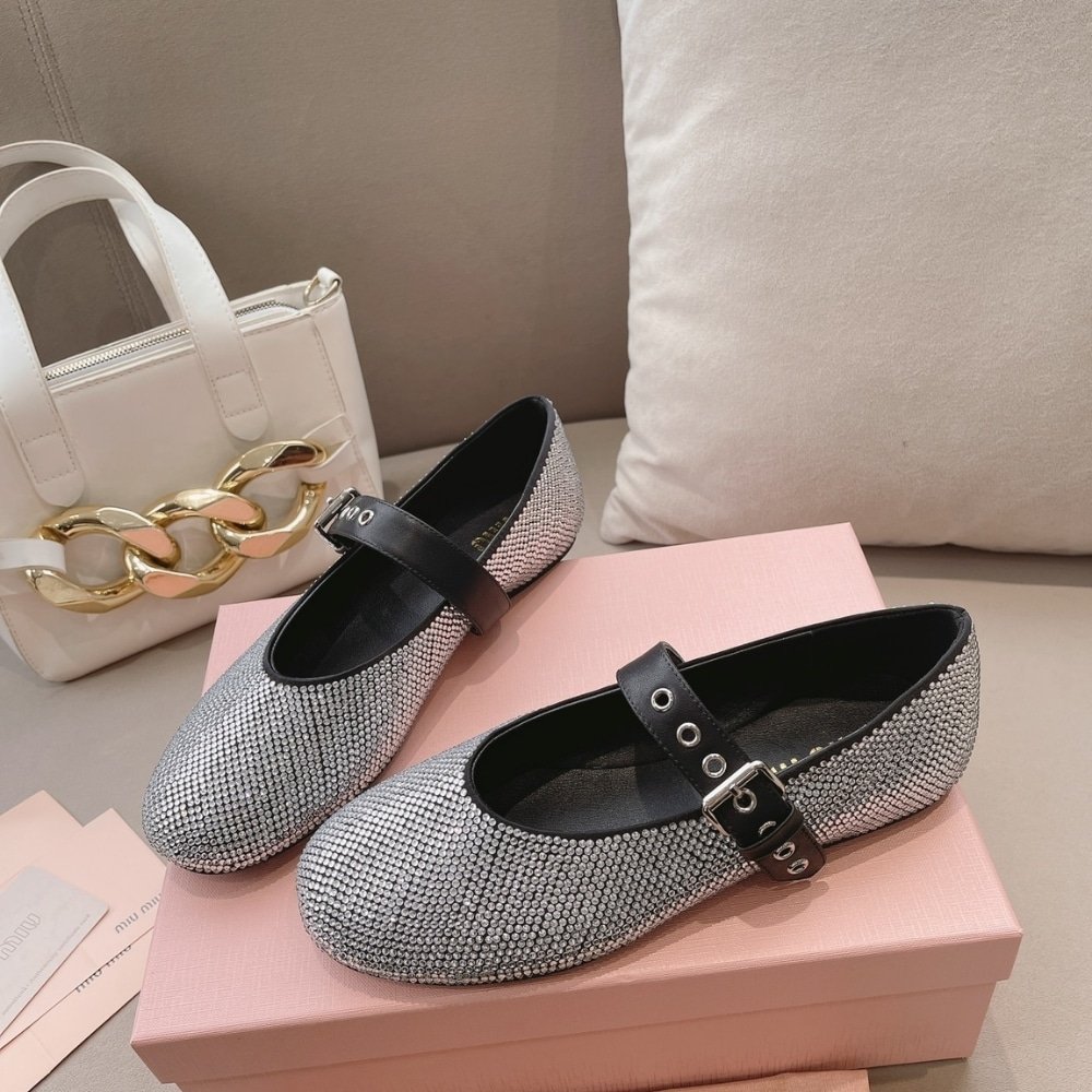 M1um1u Satin Ballerinas With Crystals Black 5F209E 2Awl F0002 F 005