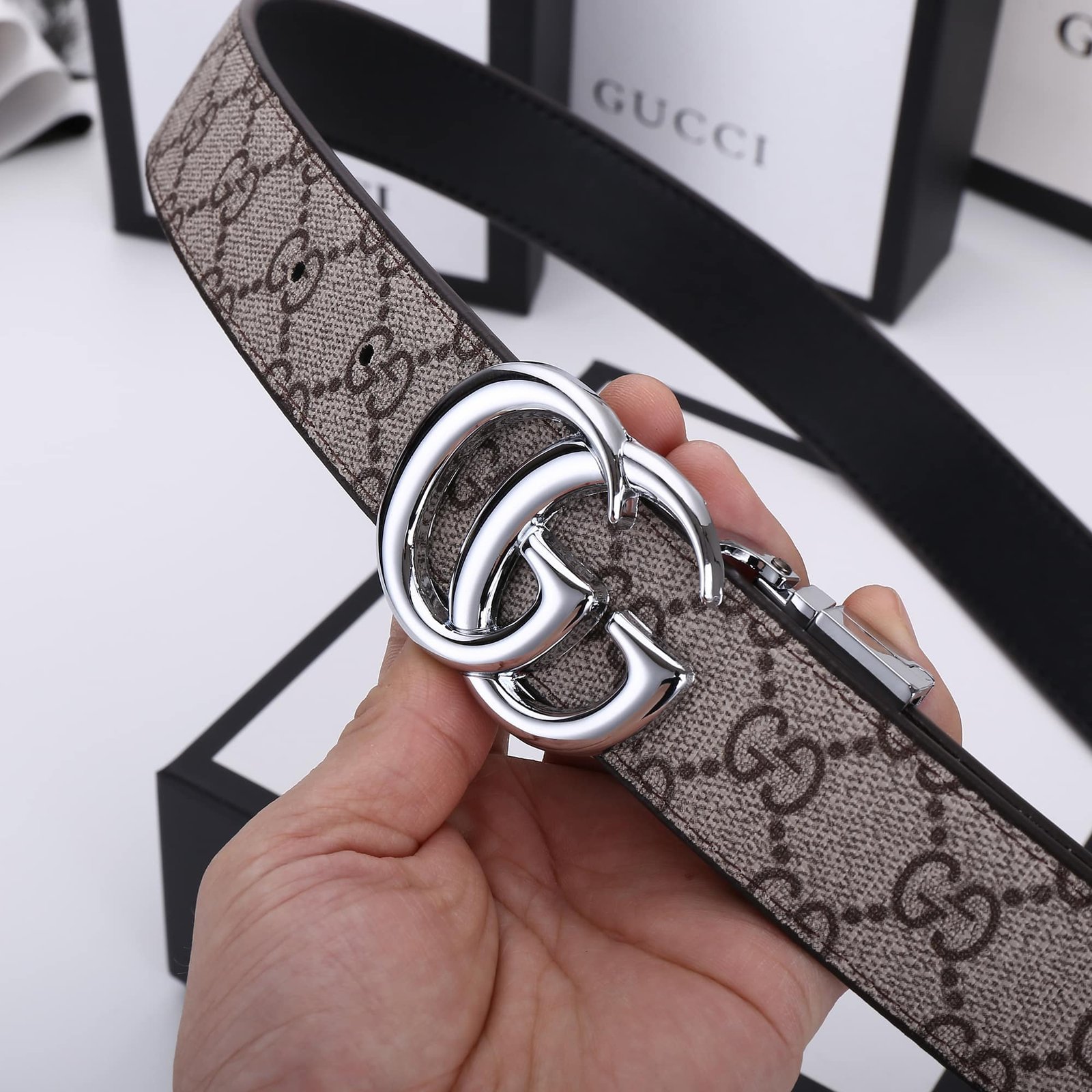 Gvc*1 Gg Marmont Reversible Belt Silver Hardware Beige Brown