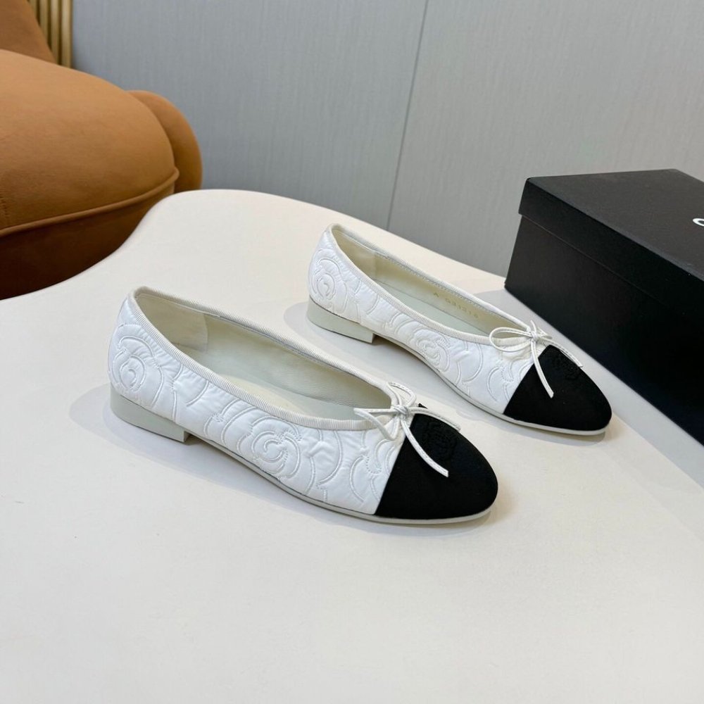 Ch**el Ballet Flats Embroidered Fabric And Grosgrain White Black G02819 B21026 U1898