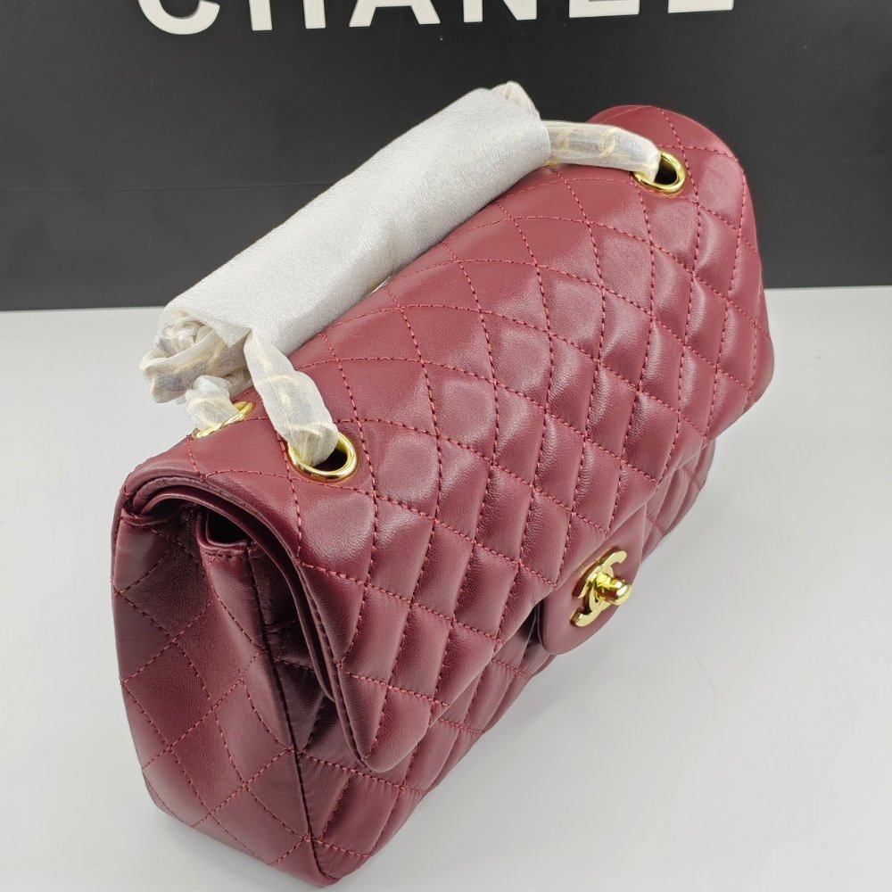 Ch**el Classic 11.12 Handbag Gold Tone Metal Burgundy 25Cm A01112 Y04059 Nzv44