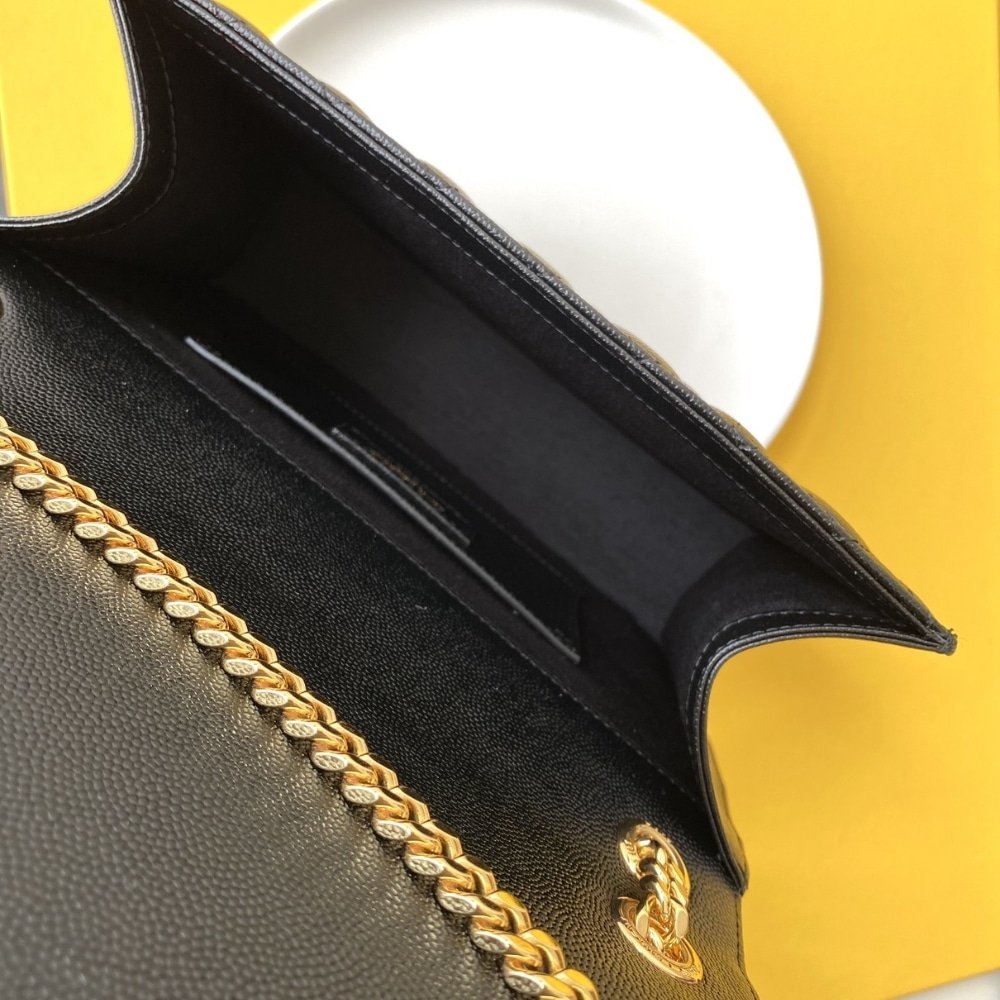 Sa1nt Lau*nt Envelope Medium In Quilted Grain De Poudre Embossed Leather Black Gold 24Cm 600185Bow911000