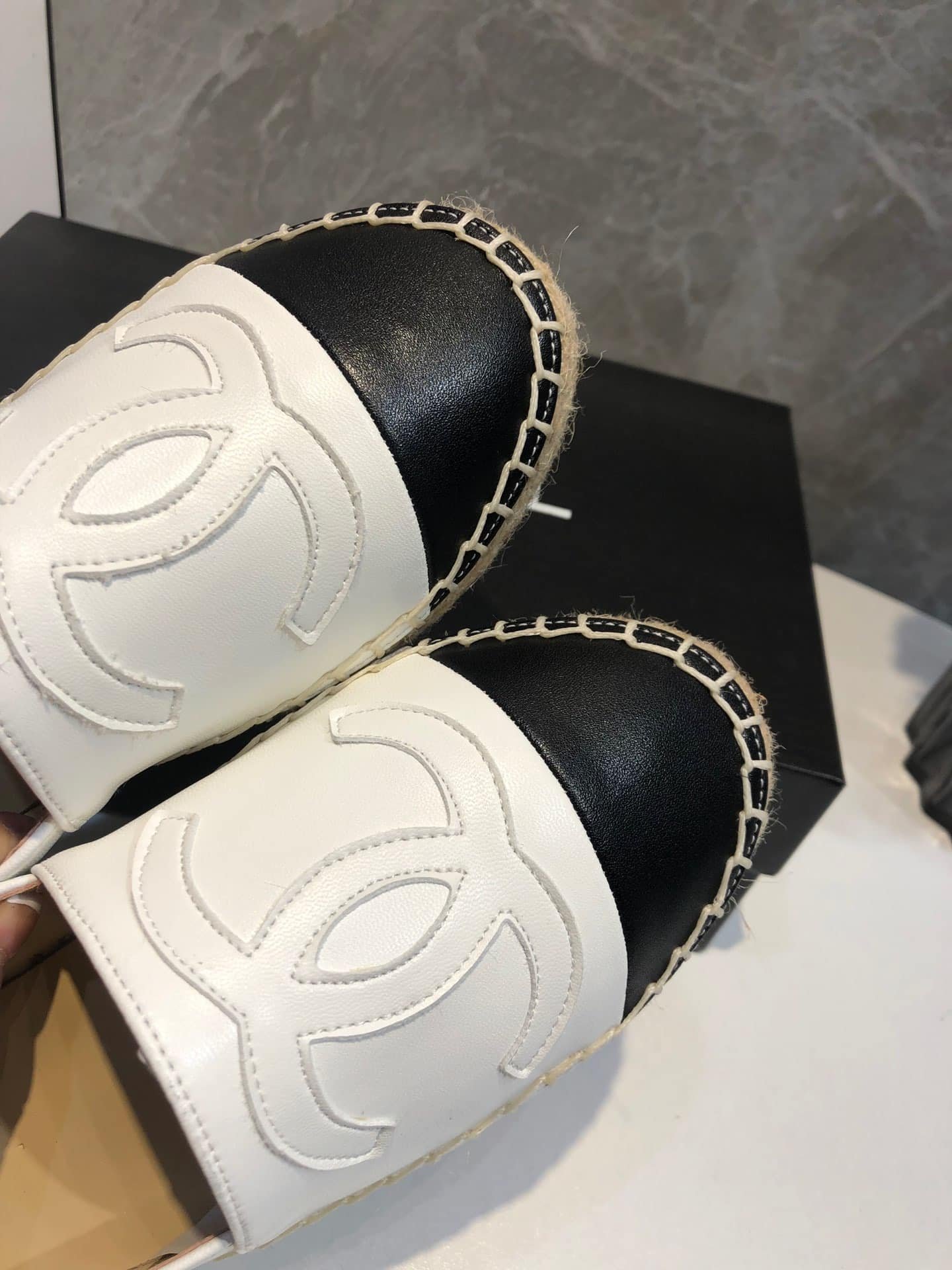 Ch**el Embroidered Espadrille Leather Black Cap Toe Flats White Cc