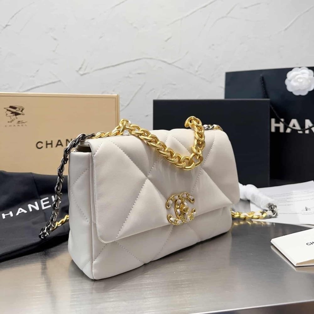 Ch**el 19 Flap Bag Shiny Gold And Silver Tone White 26Cm As1161 B04852 10601