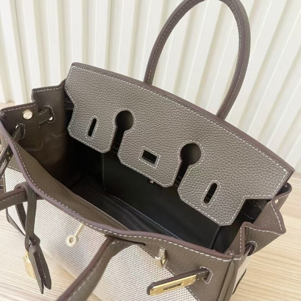 H**me5 Birkin 25 Two Tone Toile Canvas Gold Hardware Grey 25Cm