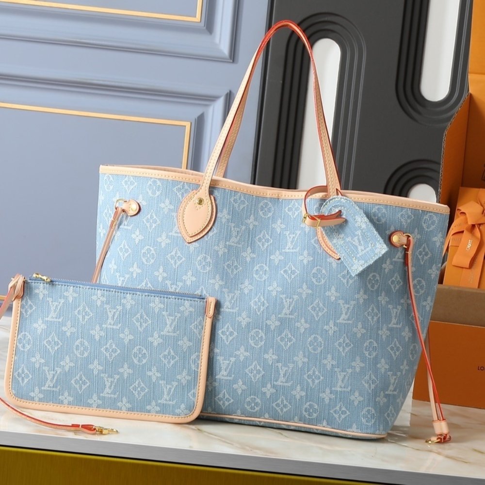 L0vis Vvtt0n Neverfull MM Bag Monogram Denim Blue 31Cm