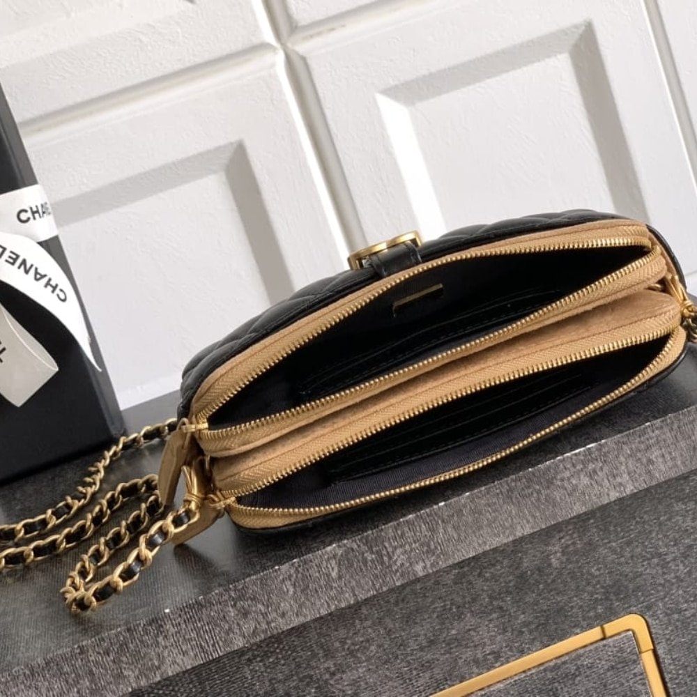 [S*per Vip 1:1] Ch**el Zipped Phone Holder With Chain Shiny And Gold Tone Metal Black Beige 18Cm Ap4743 B20685 U1546