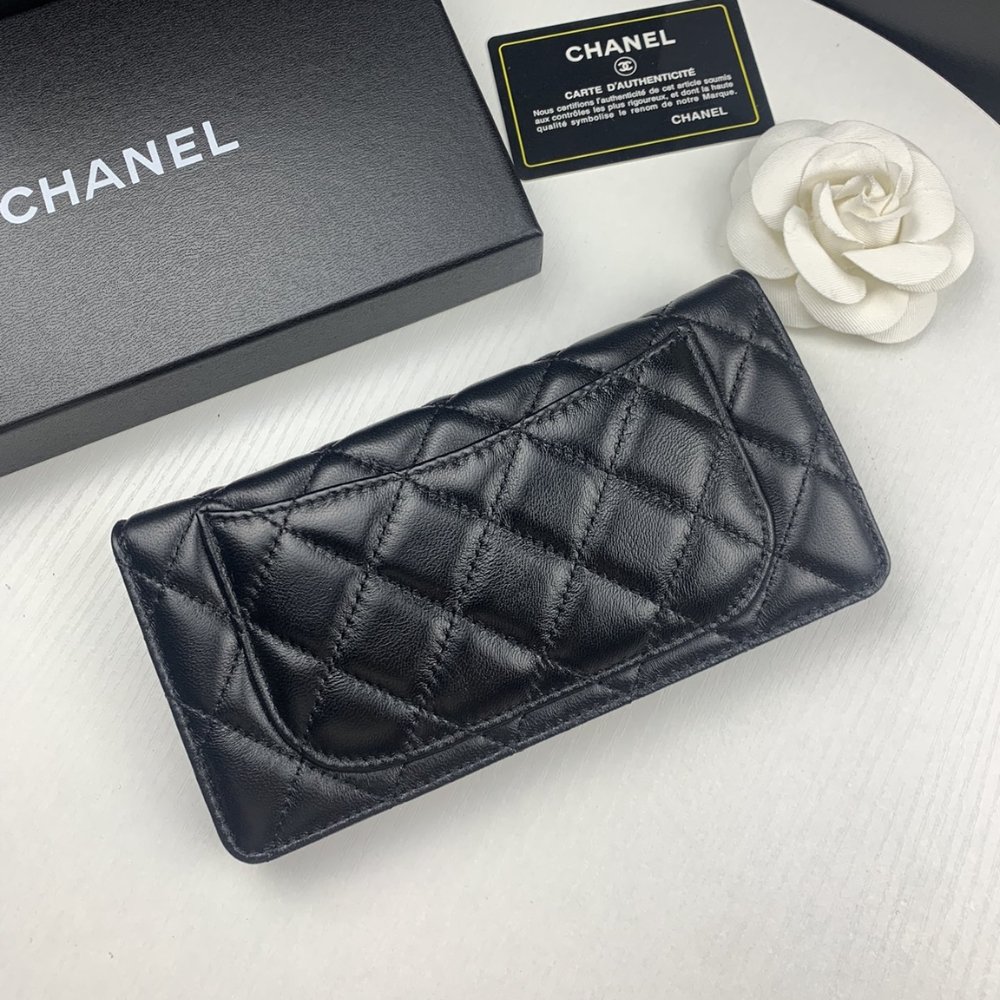 Ch**el Quilted Classic Long Flap Wallet With Silver Hardware Black 19Cm