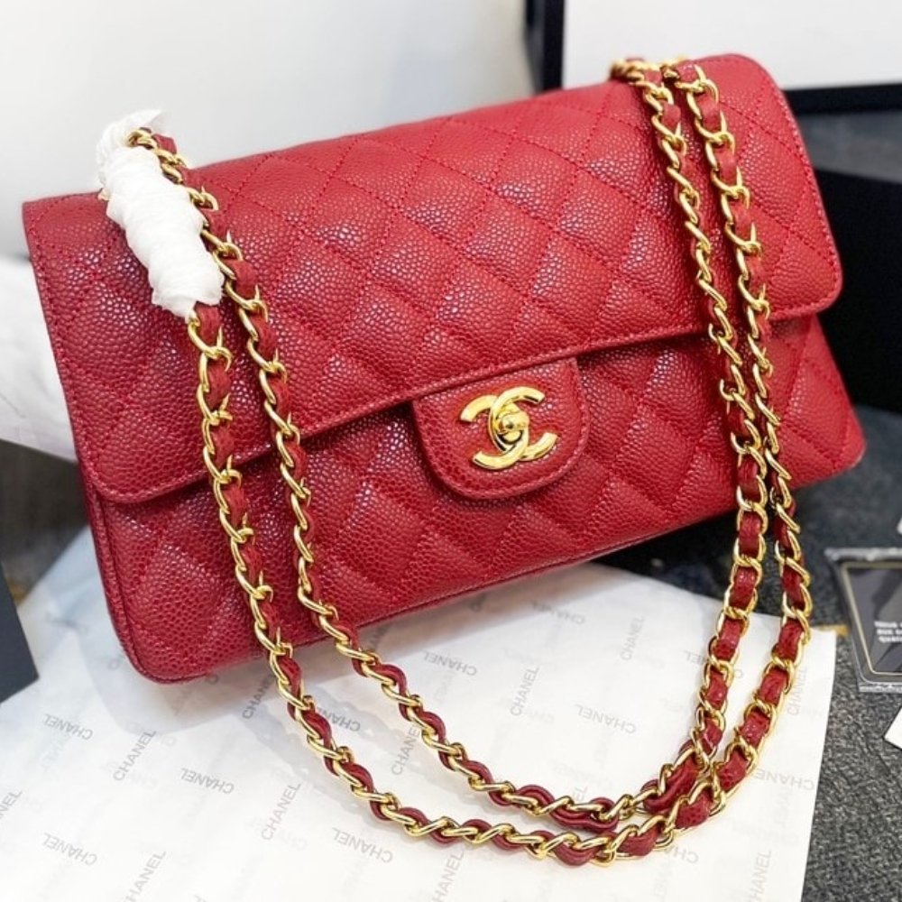 Ch**el Medium Classic Flap Bag Dark Red Caviar 26Cm