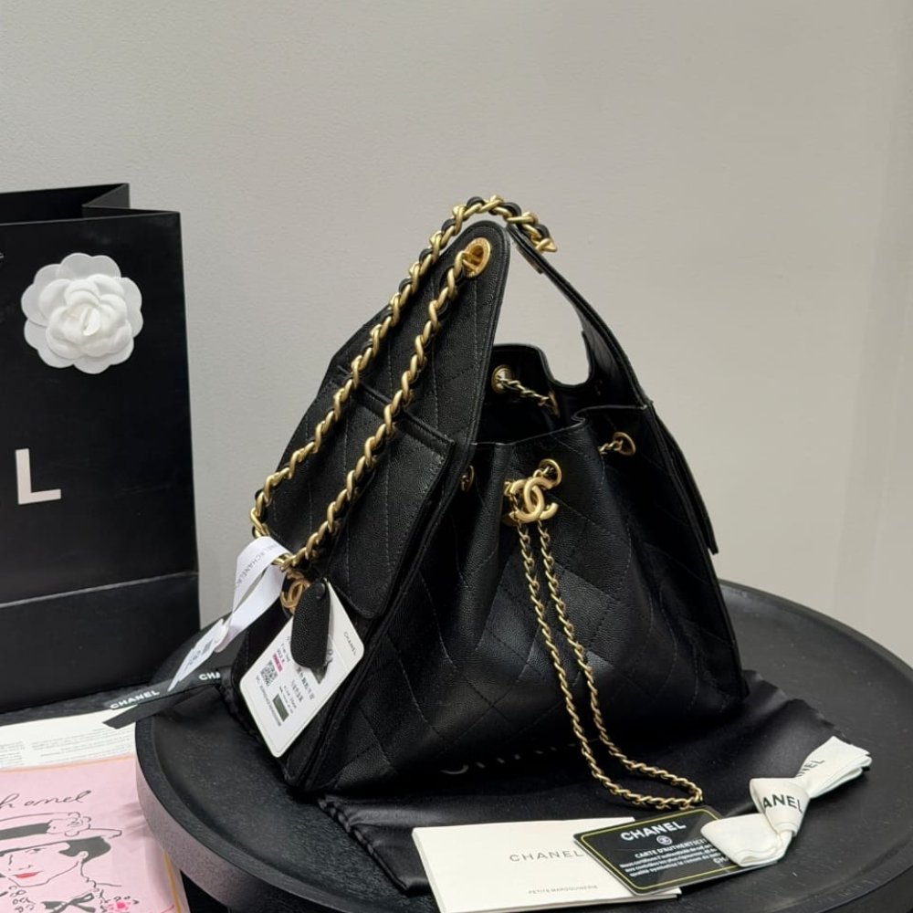 Ch**el 25 Small Handbag Grained And Gold Tone Metal Black 26Cm As5293 B20304 94305