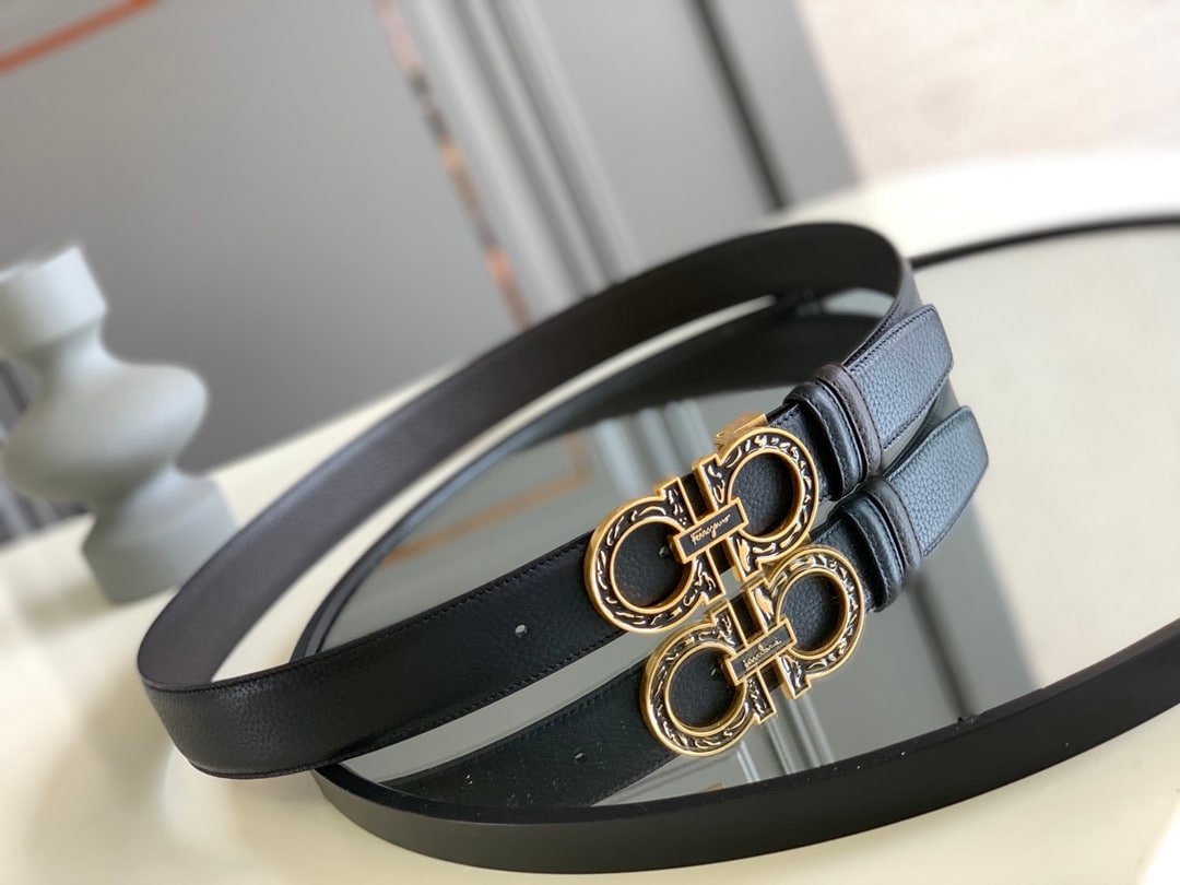 Salvatore Ferragamo Reversible And Gancini Gold Pattern Belt 3.5Cm