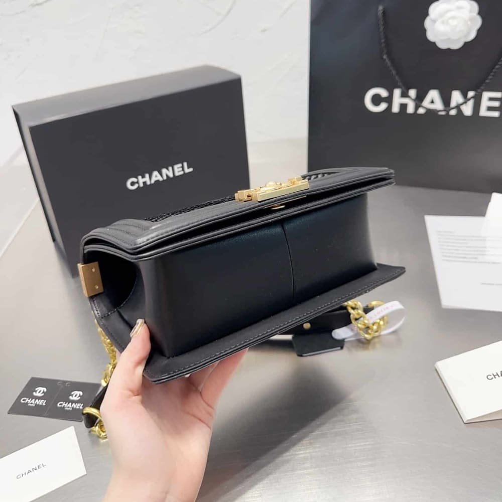 Ch**el Boy Flap Bag Snake Leather Black 25Cm