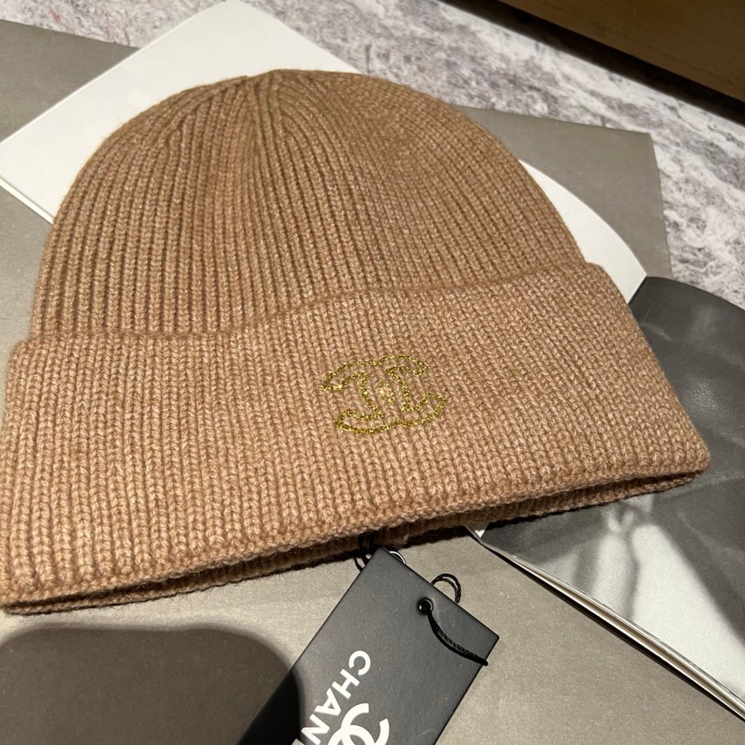 Ch**el Gold Cc Wool Beanie Beige