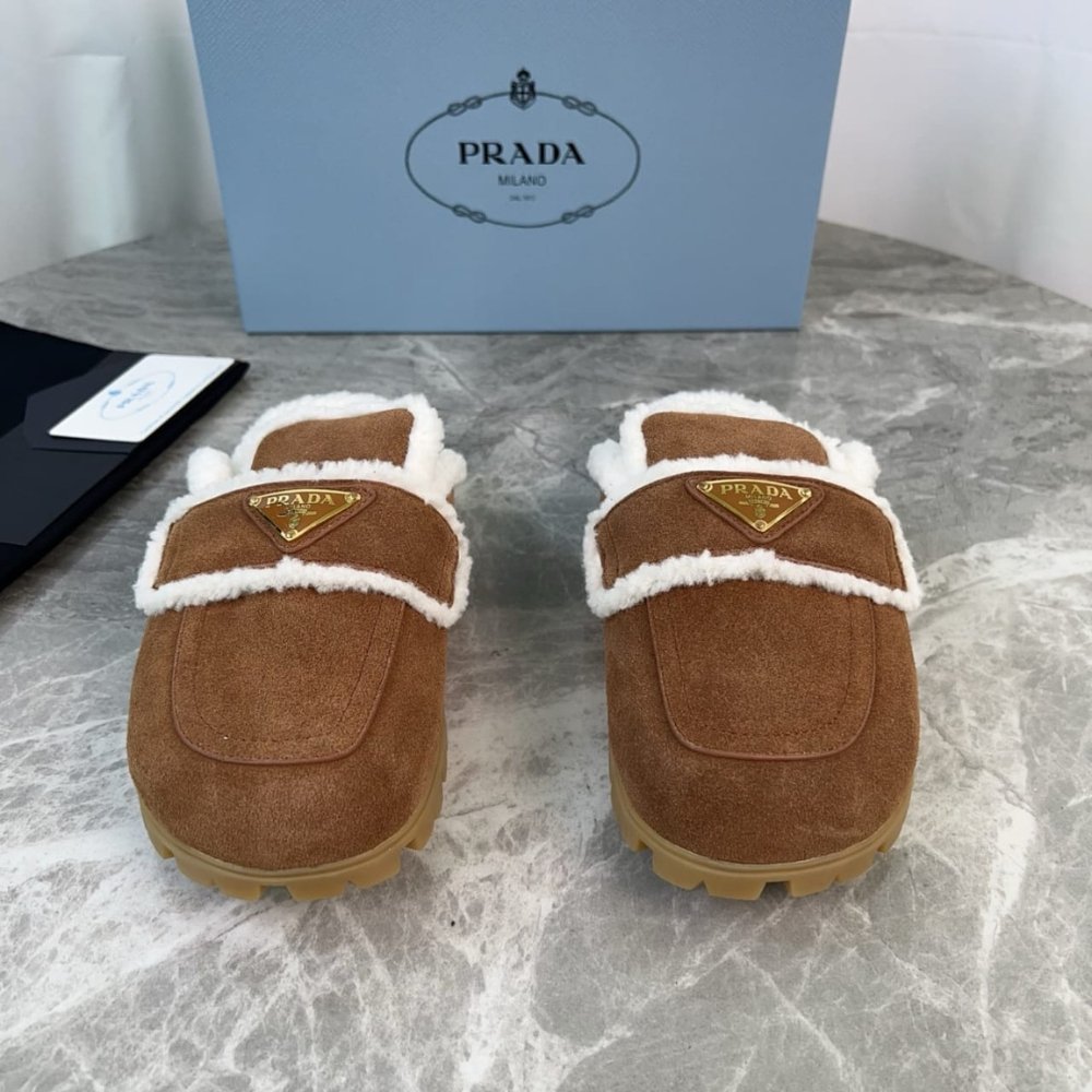 Pra*a Suede And Shearling Slippers Cinnamon 1S711M X0O F0401 F Zg20