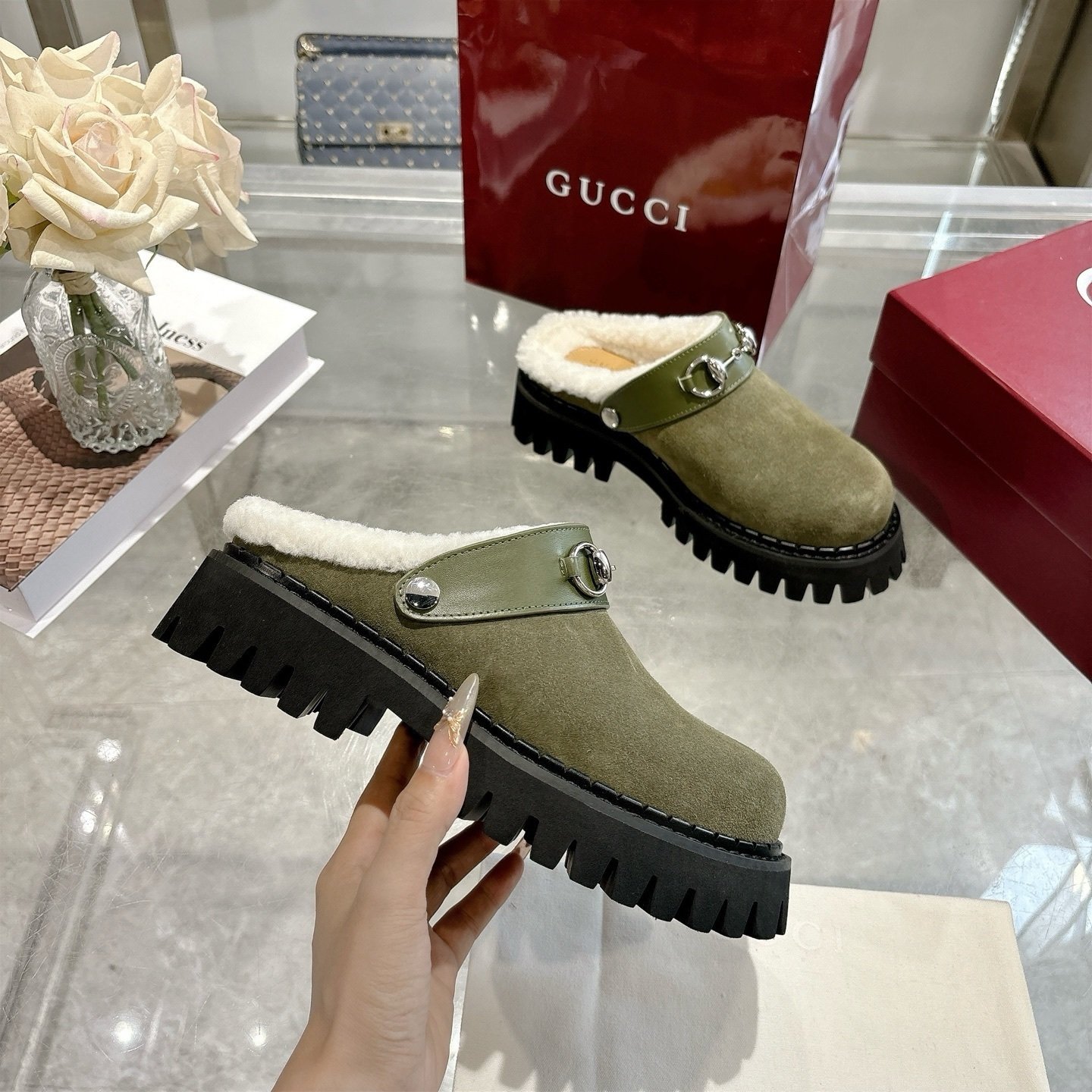 Gvc*1 Horsebit Shearling Mules In Dark Green Suede