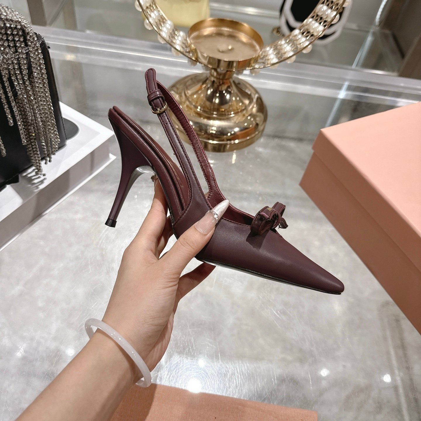 Miu Miu Leather Slingback Pumps With Bow Red