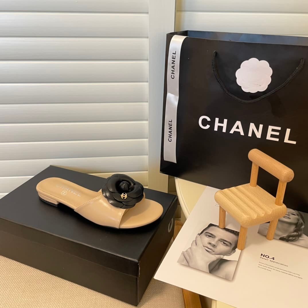 Ch**el Black Camellia Slides Beige