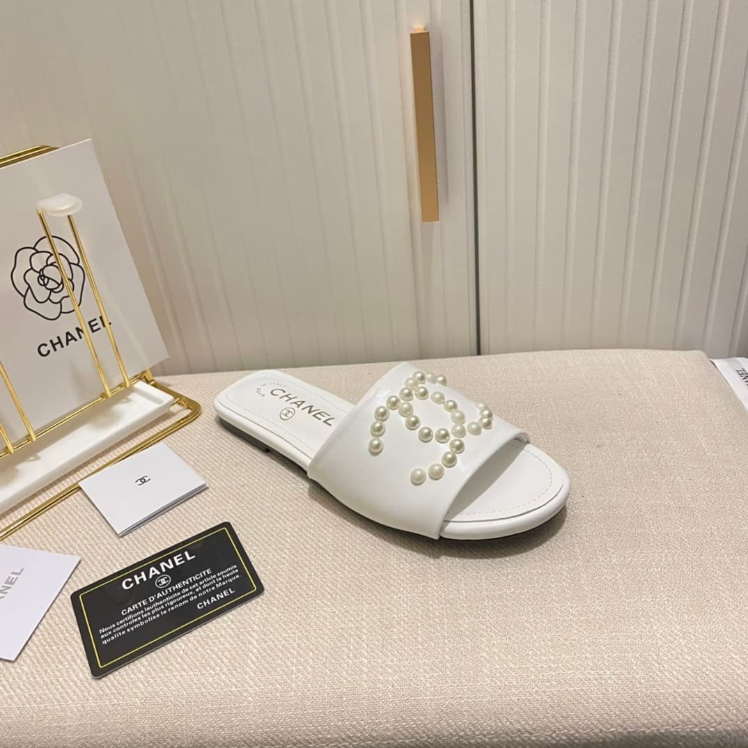 Ch**el Cc Pearl Slippers White