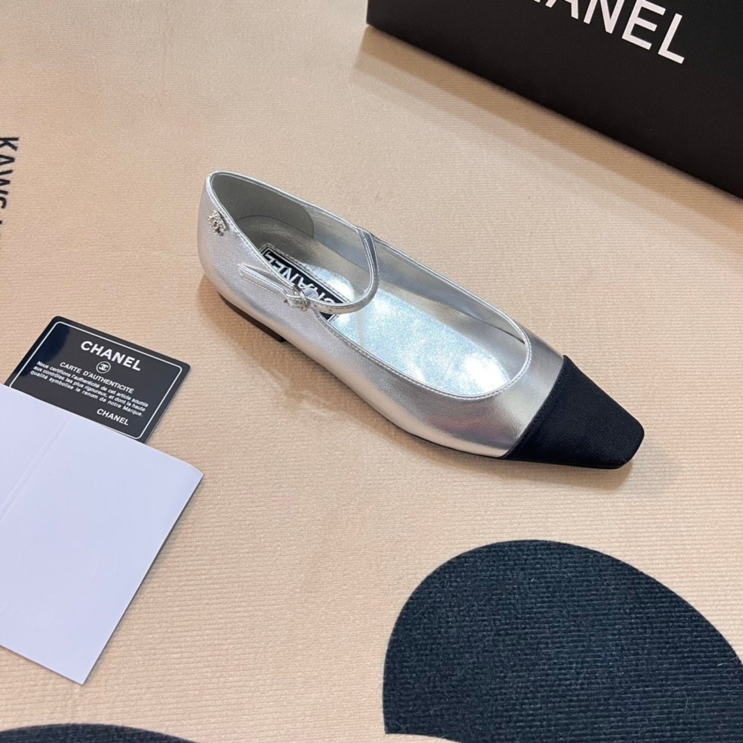 Ch**el Square Toe Ballet Flats Black Silver