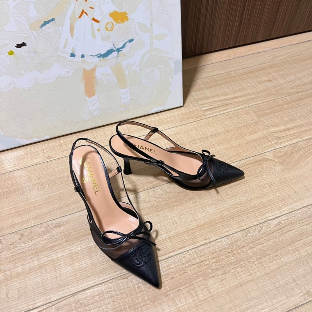 Ch**el Cc Leather Pointy Toe Pumps Slingbacks Sandals Black
