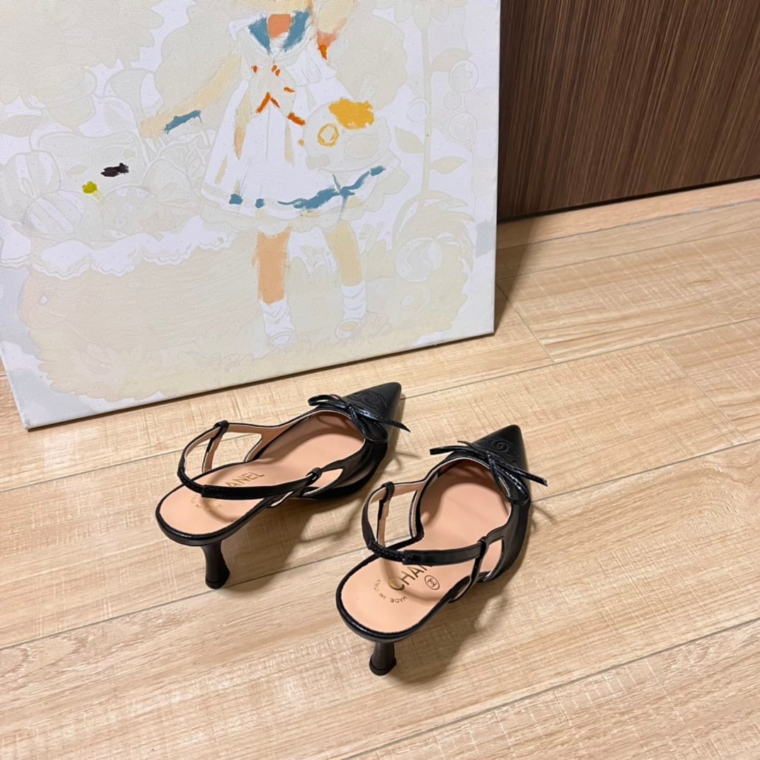 Ch**el Cc Leather Pointy Toe Pumps Slingbacks Sandals Black