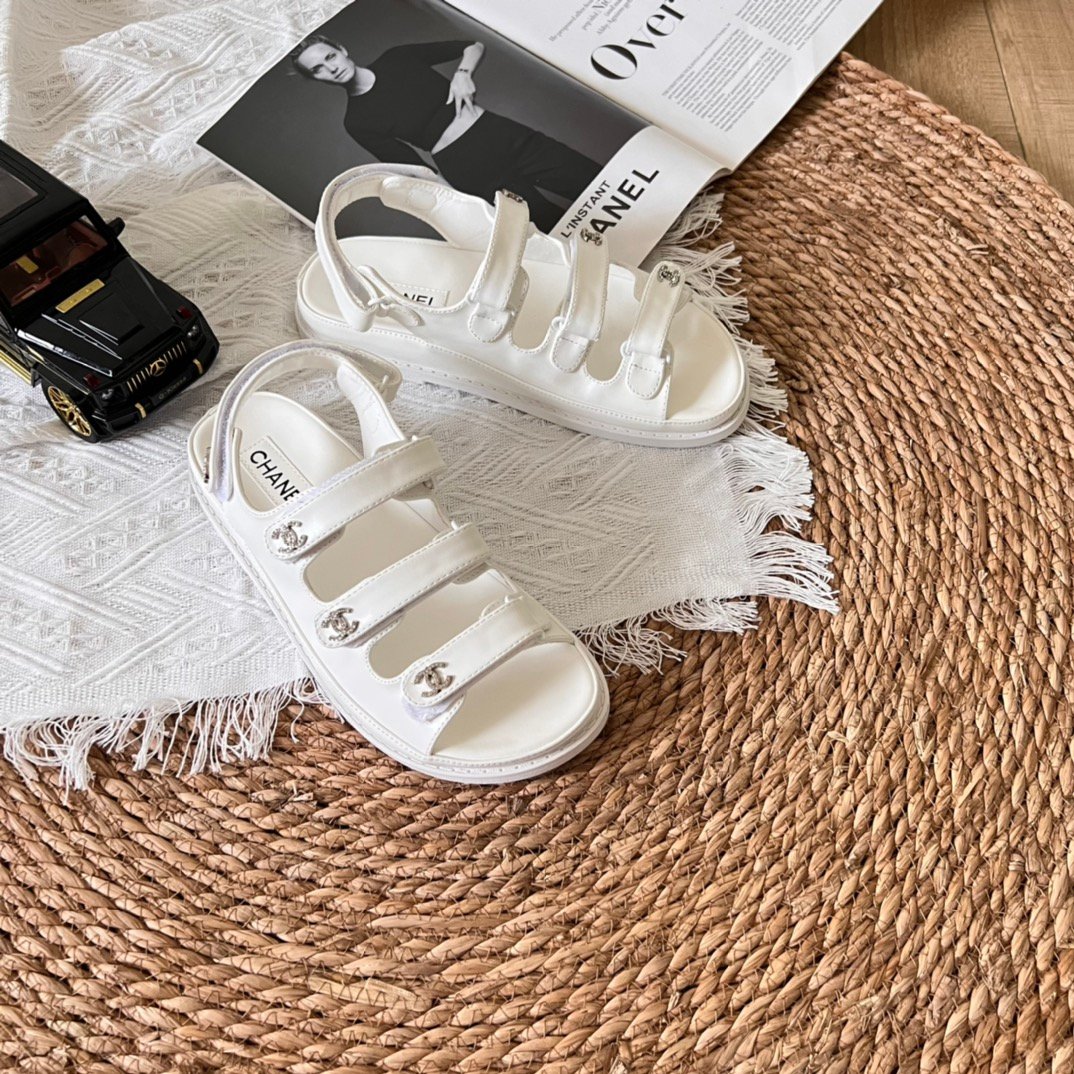 Ch**el Triple Velcro Strap Sandals White G45628