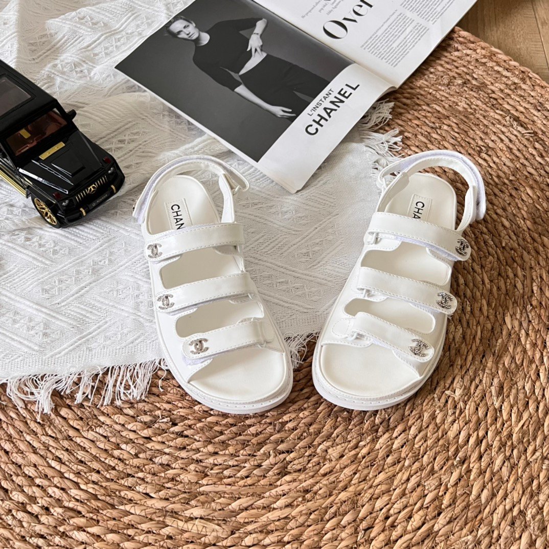 Ch**el Triple Velcro Strap Sandals White G45628
