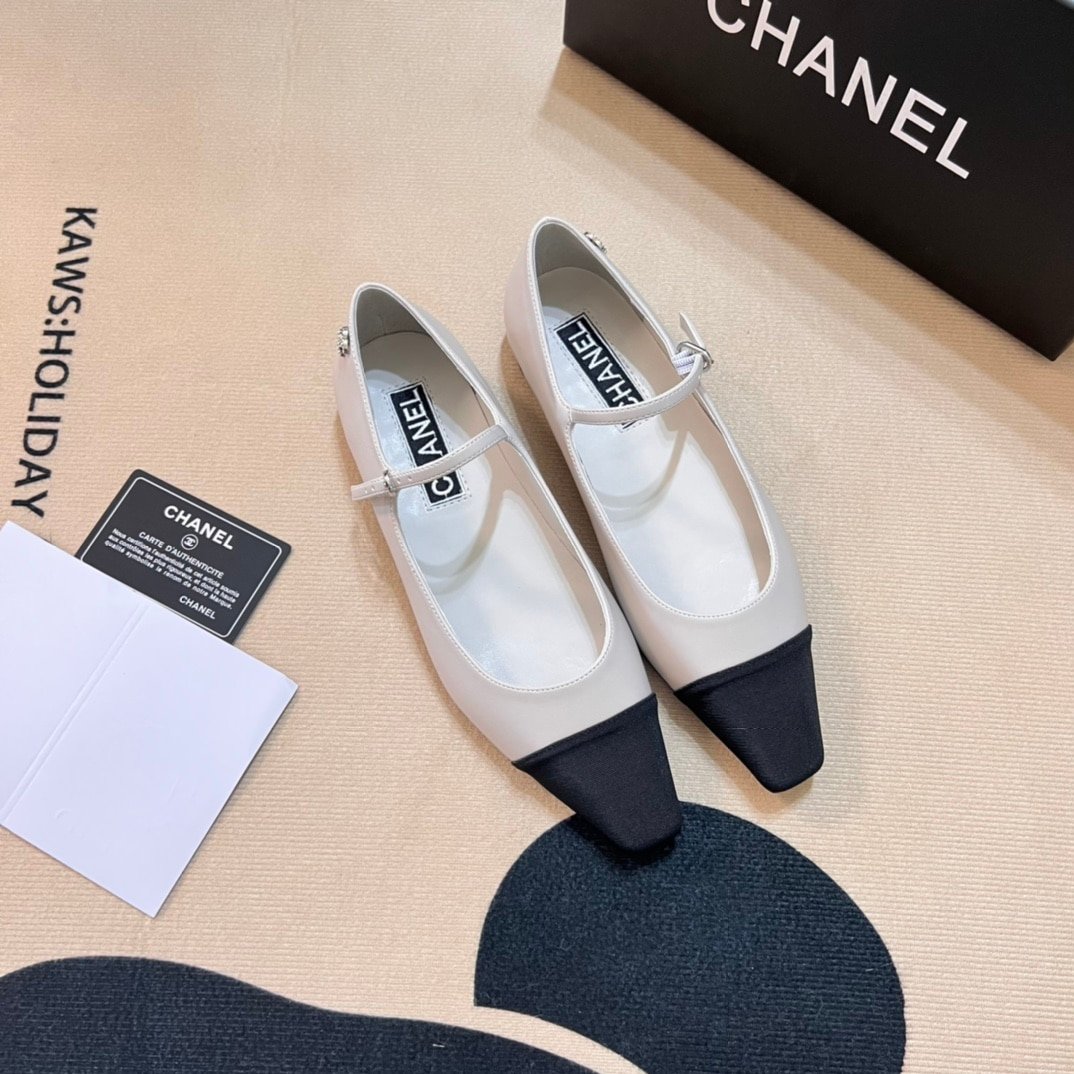 Ch**el Square Toe Ballet Flats Black White