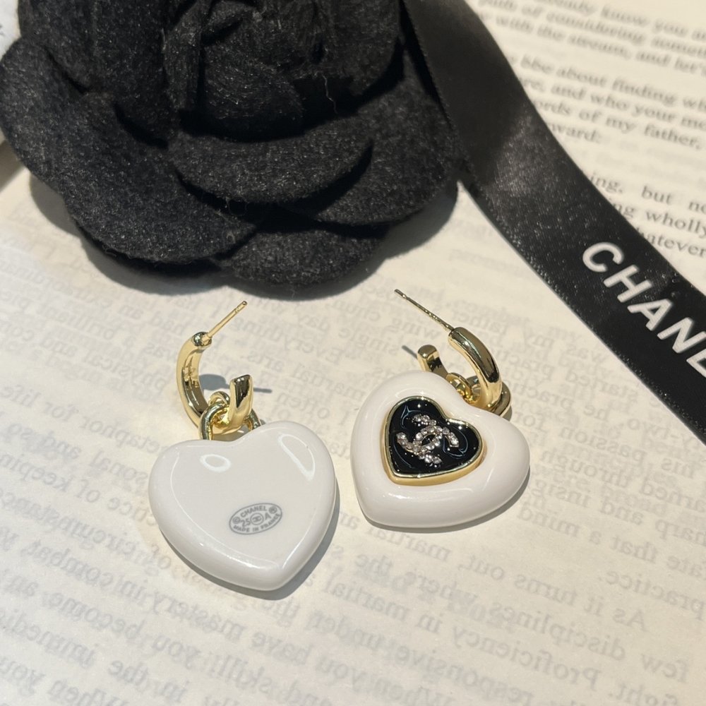 Ch**el Heart Logo Dangle Earrings In White With Gold