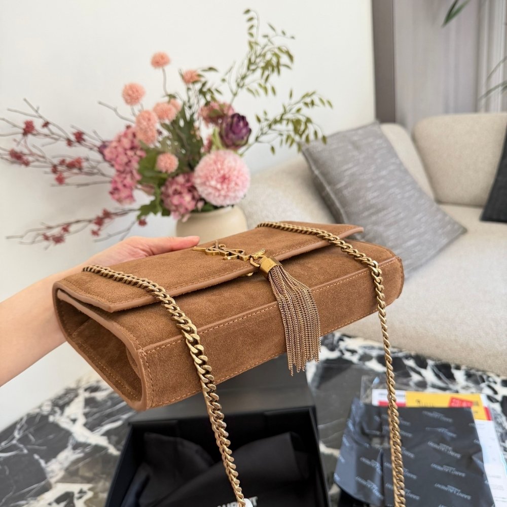 Sa1nt Lau*nt Kate Medium Tassel Crossbody Bag In Brown Suede Leather With Gold Tone 22Cm