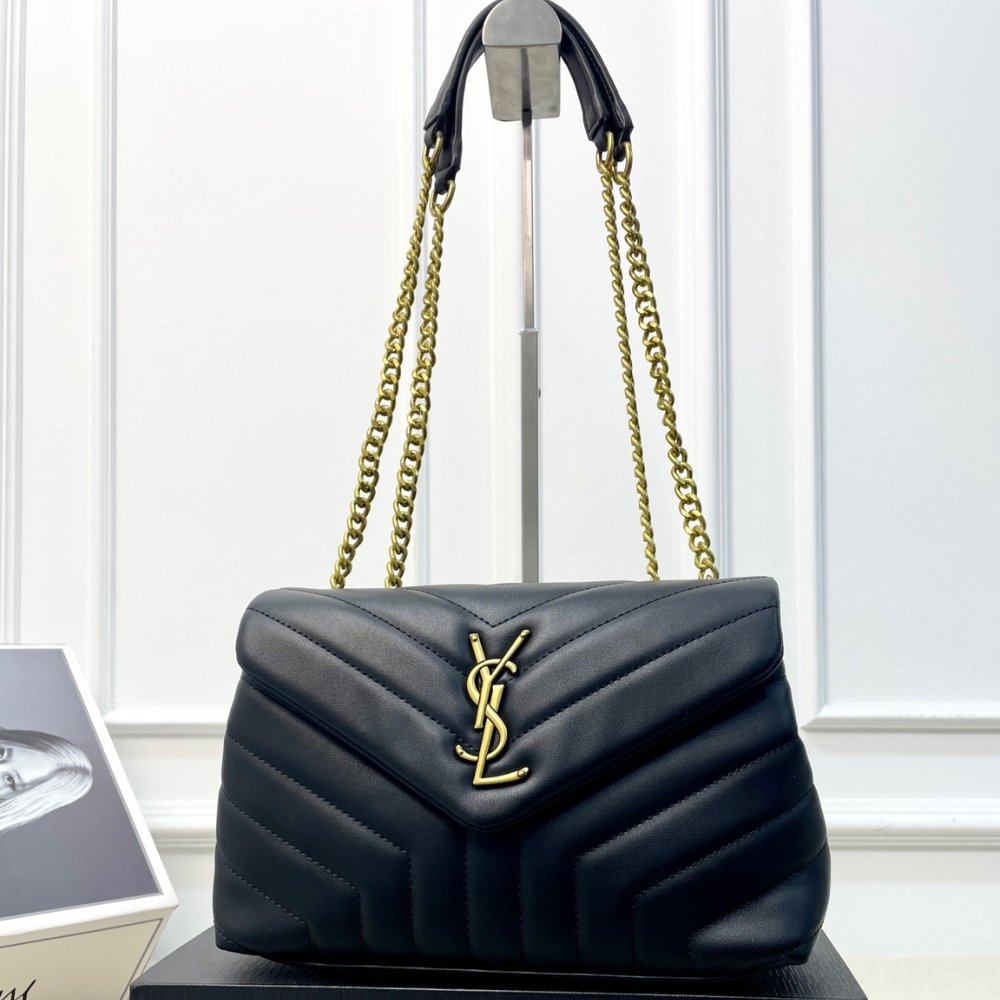Sa1nt Lau*nt Loulou Medium Chain Bag In Matelassé Y Leather Black Gold 26Cm