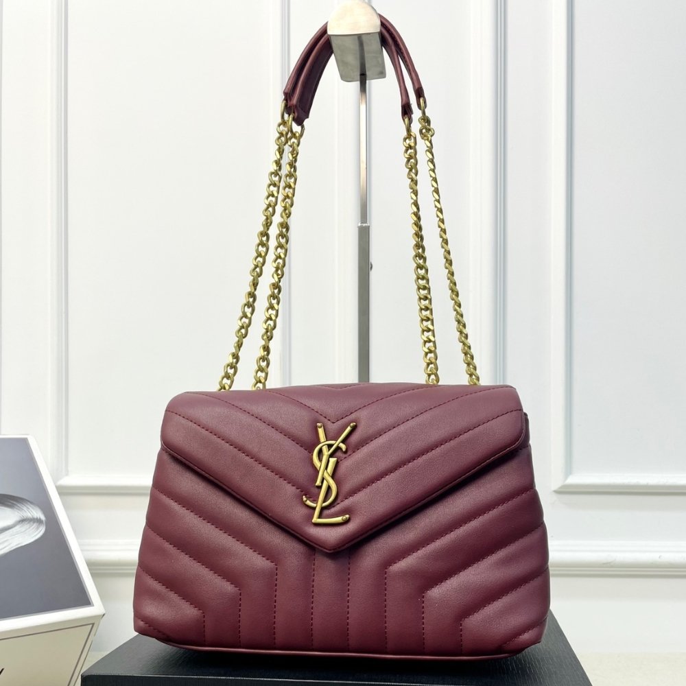Sa1nt Lau*nt Loulou Medium Chain Bag In Matelassé Y Leather Burgundy Gold 26Cm