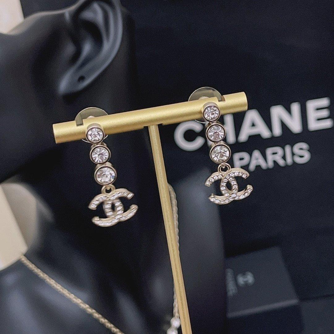 Ch**el Crystal Cc Drop Earrings Gold