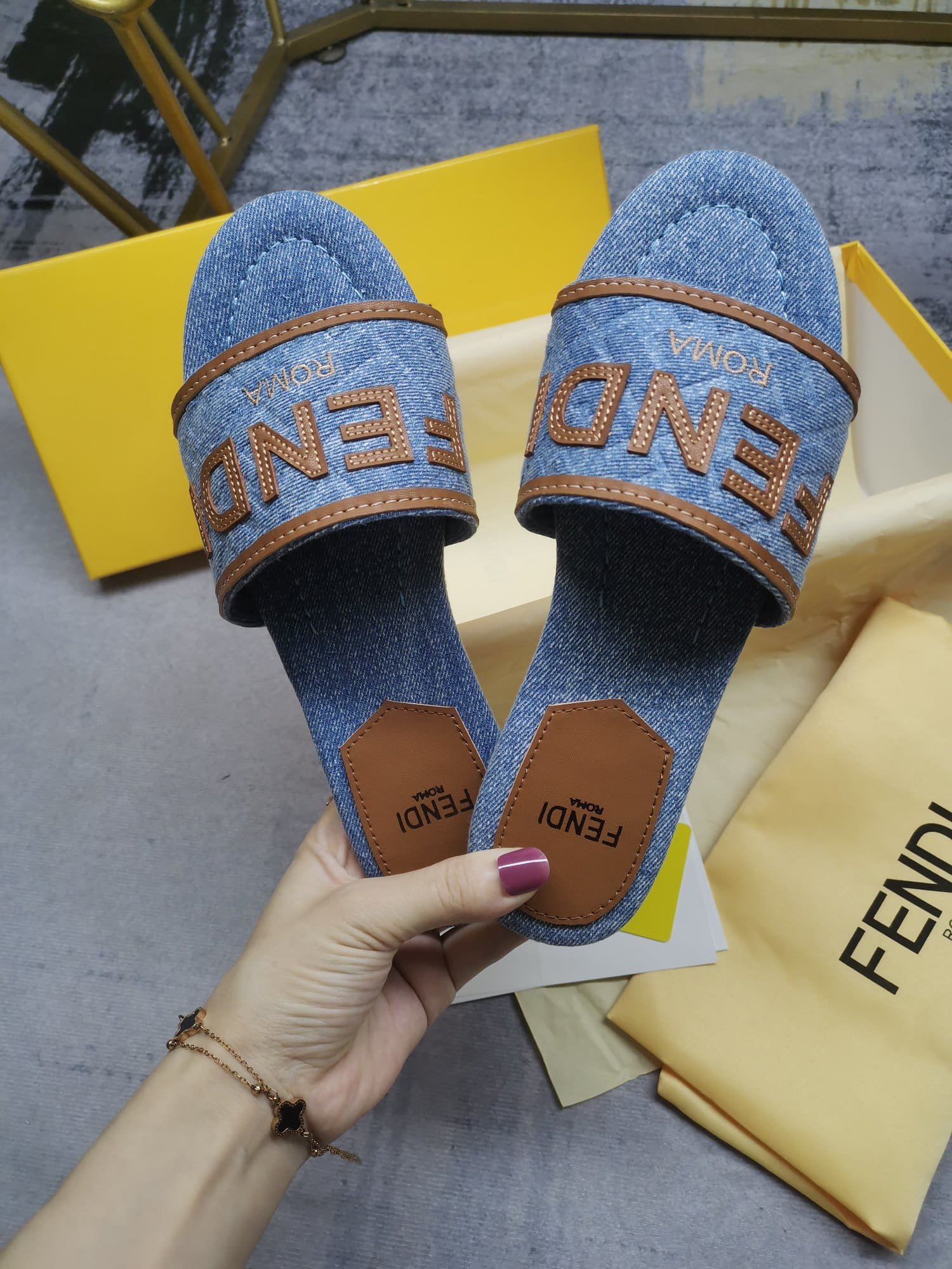 F**di Signature Light Blue Denim Slides