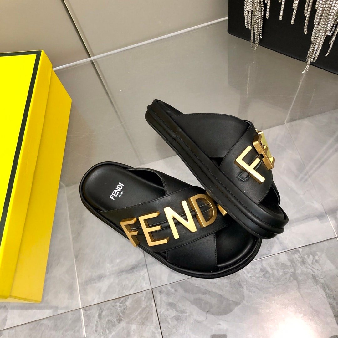F**di F**digraphy Leather Slides Black 8X8289Ai1Rf1H1K
