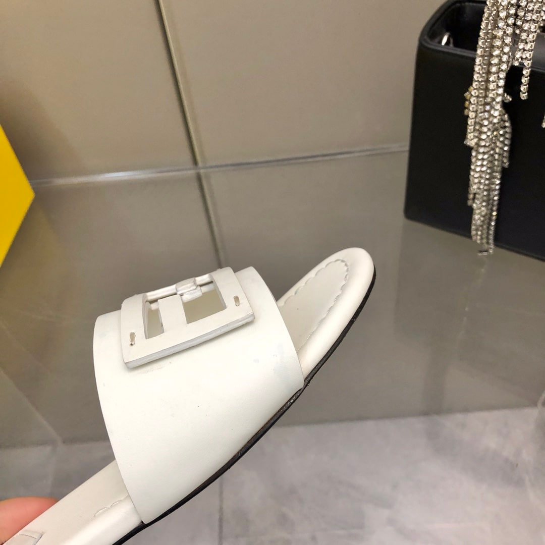 F**di Baguette White Leather Slides
