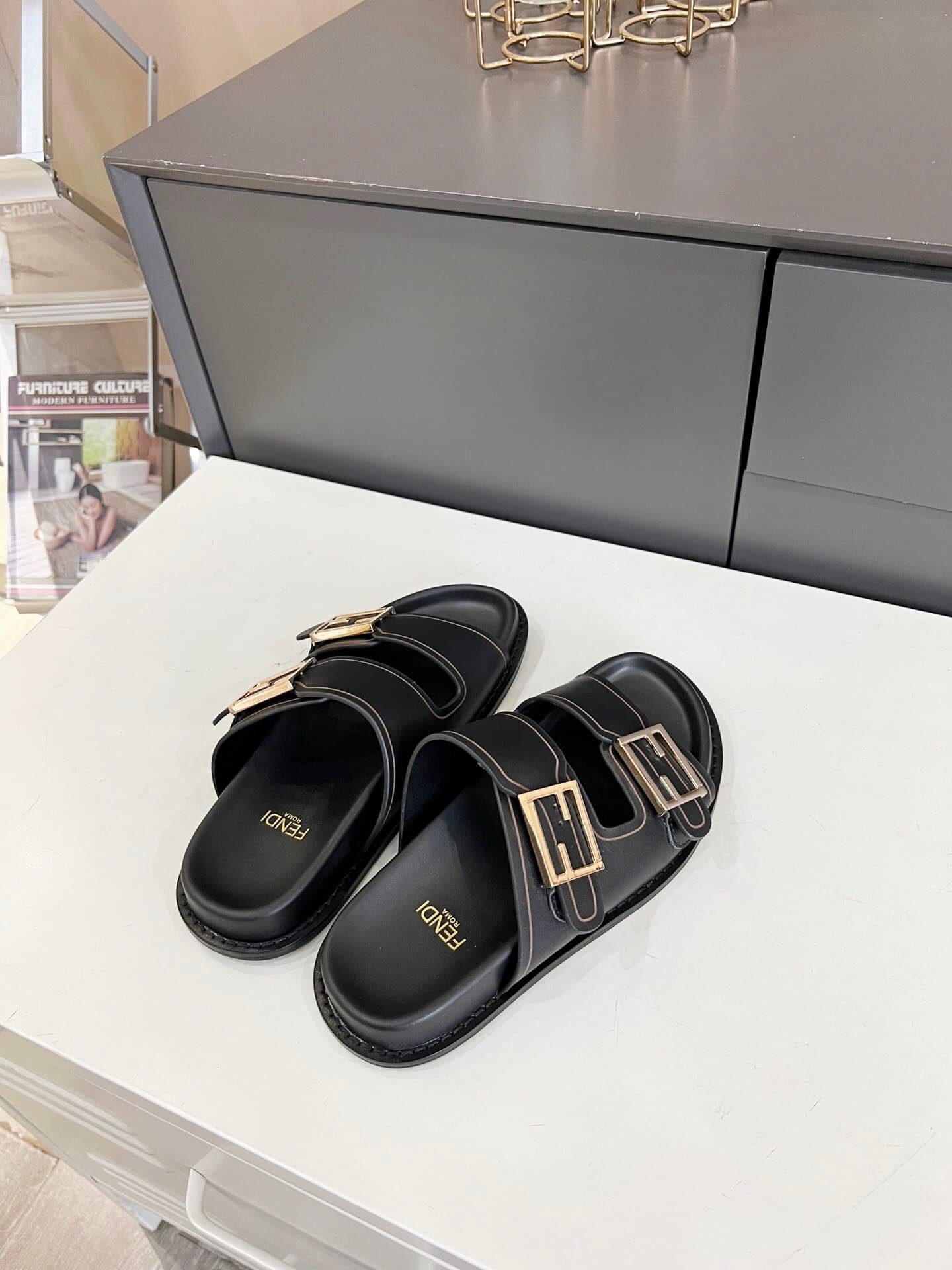 F**di Feel Leather Slides Black