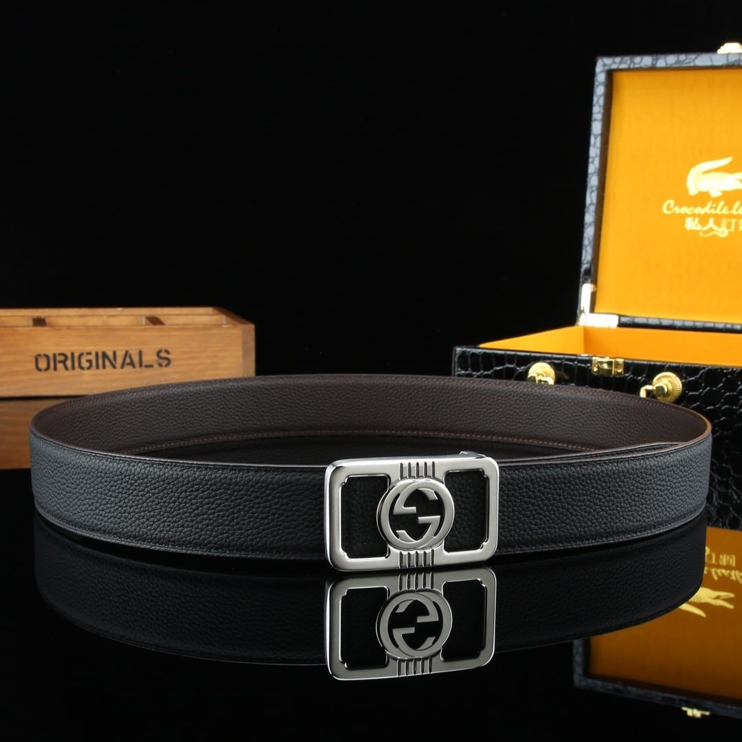Gvc*1 Cowhide Double G Buckle Belt Silver Tone Hardware In Black
