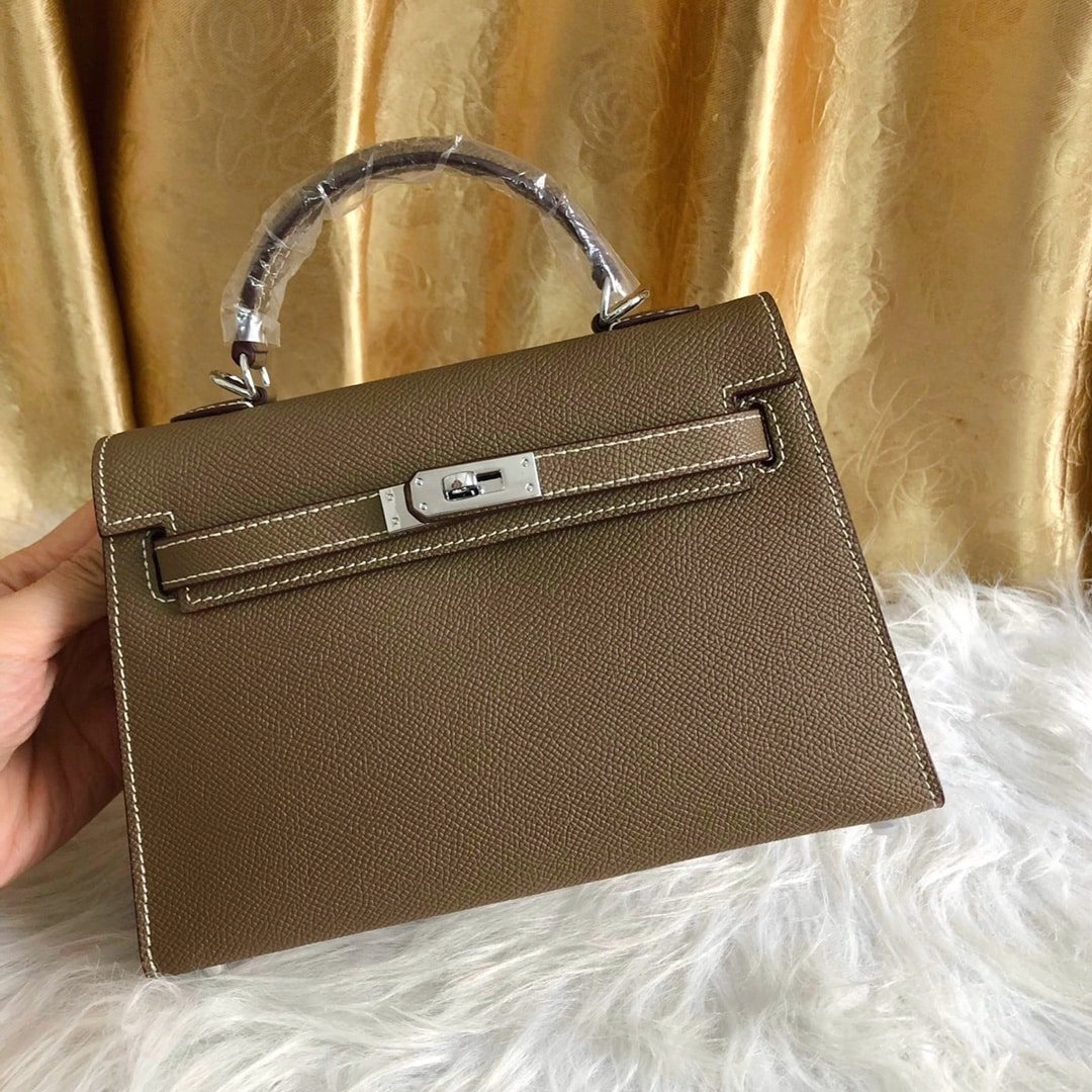 H**me5 Kelly Sellier Epsom Silver Hardware Etoupe 22Cm