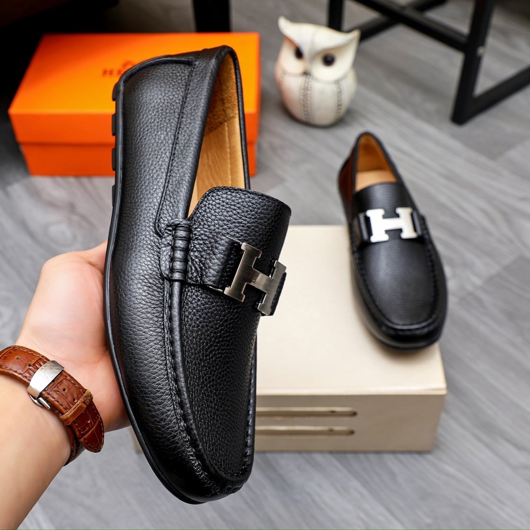 H**me5 Men’S Loafer Moccasin Leather With H Silver Black