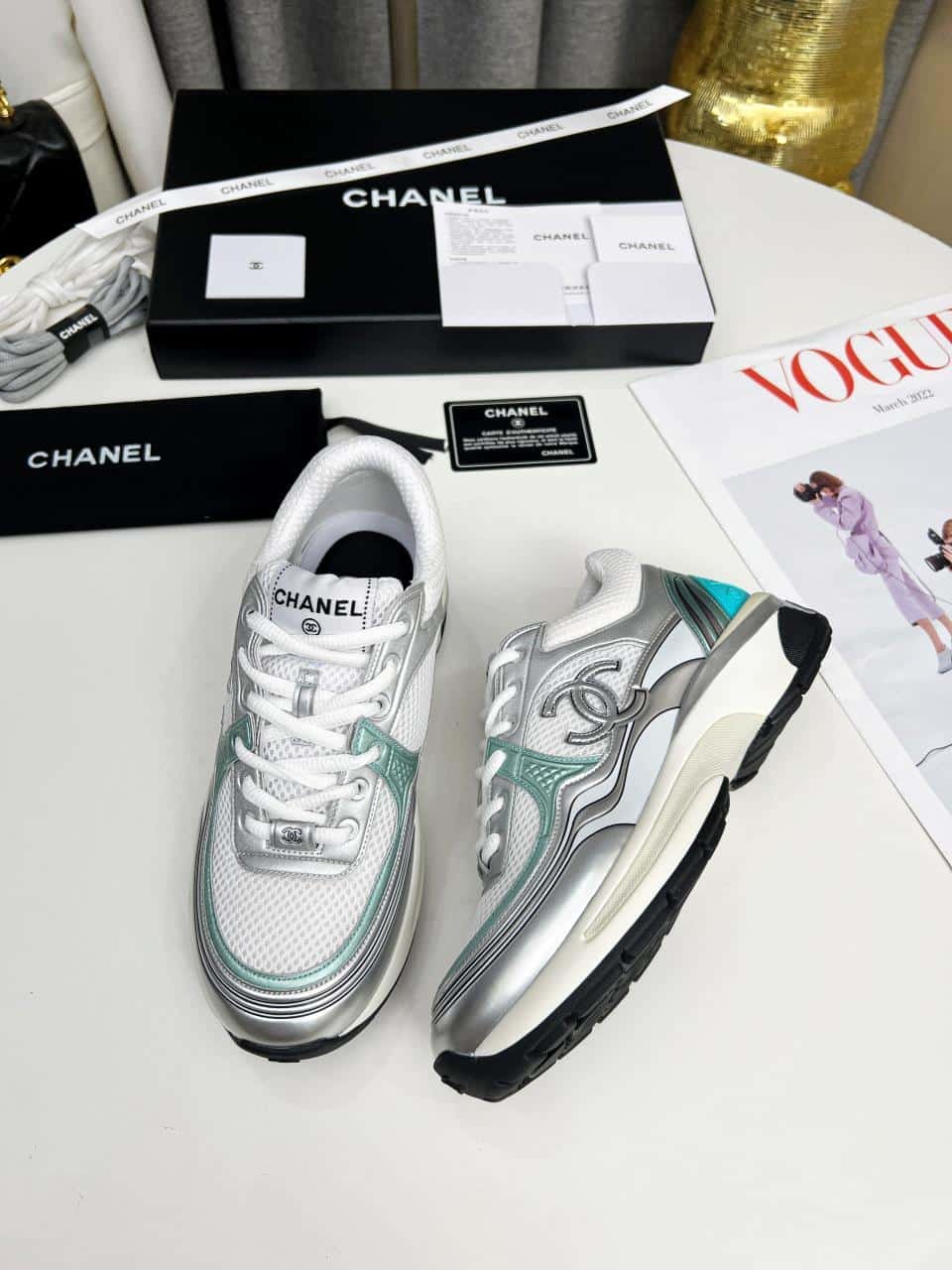 Ch**el 23C Silver Metallic Cc Logo Lace Up Flat Runner Trainer Sneaker White Turquoise