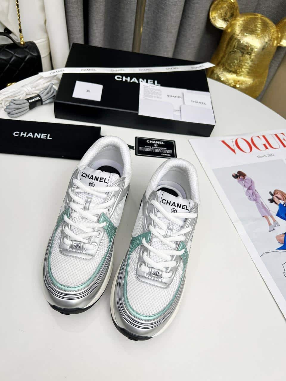 Ch**el 23C Silver Metallic Cc Logo Lace Up Flat Runner Trainer Sneaker White Turquoise