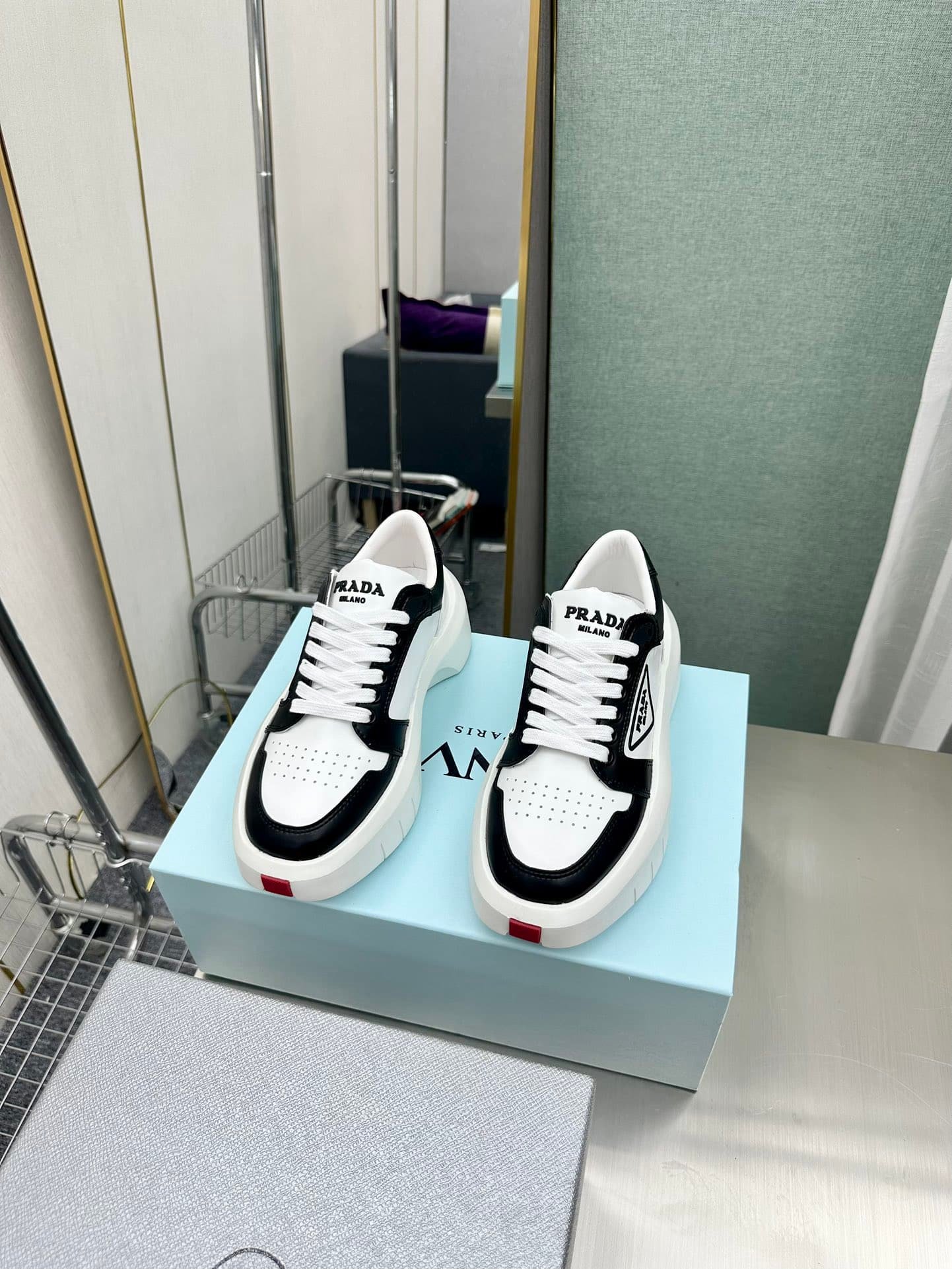 Pra*a Leather Platform Sneaker White And Black