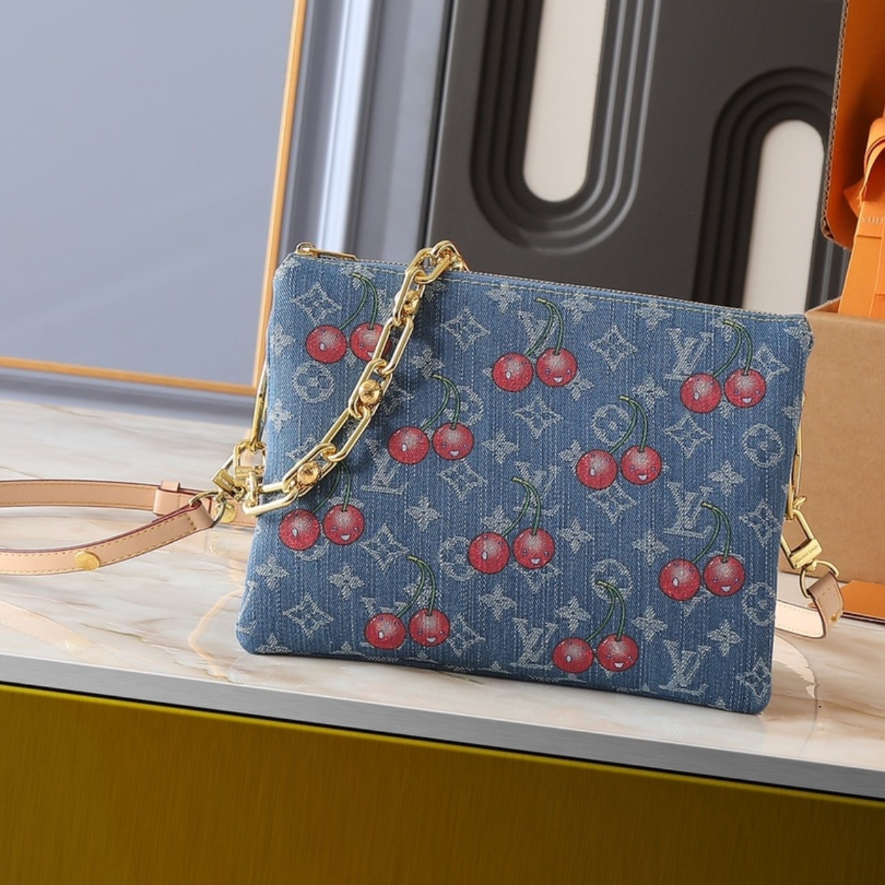 L0vis Vvtt0n X Takashi Murakami PM Coussin Bag Denim Monogram Cherry Blue 26Cm M14978