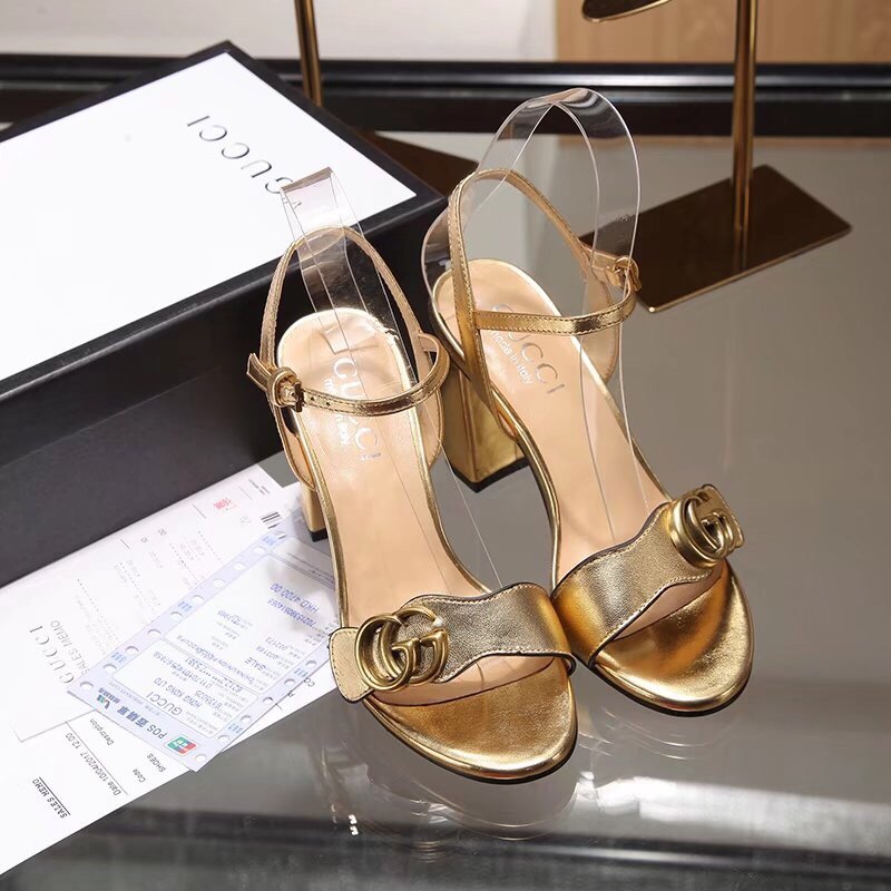 Gvc*1 Gold Metallic Laminate Leather Mid Heel Sandal 453379
