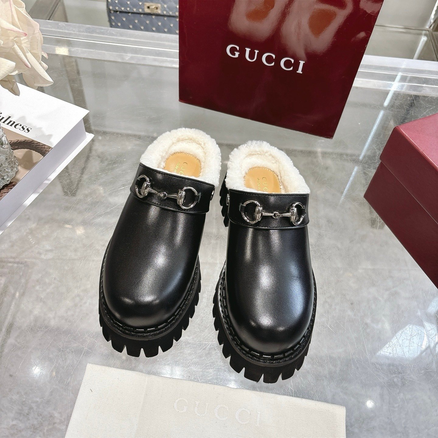 Gvc*1 Horsebit Shearling Mules In Black Leather