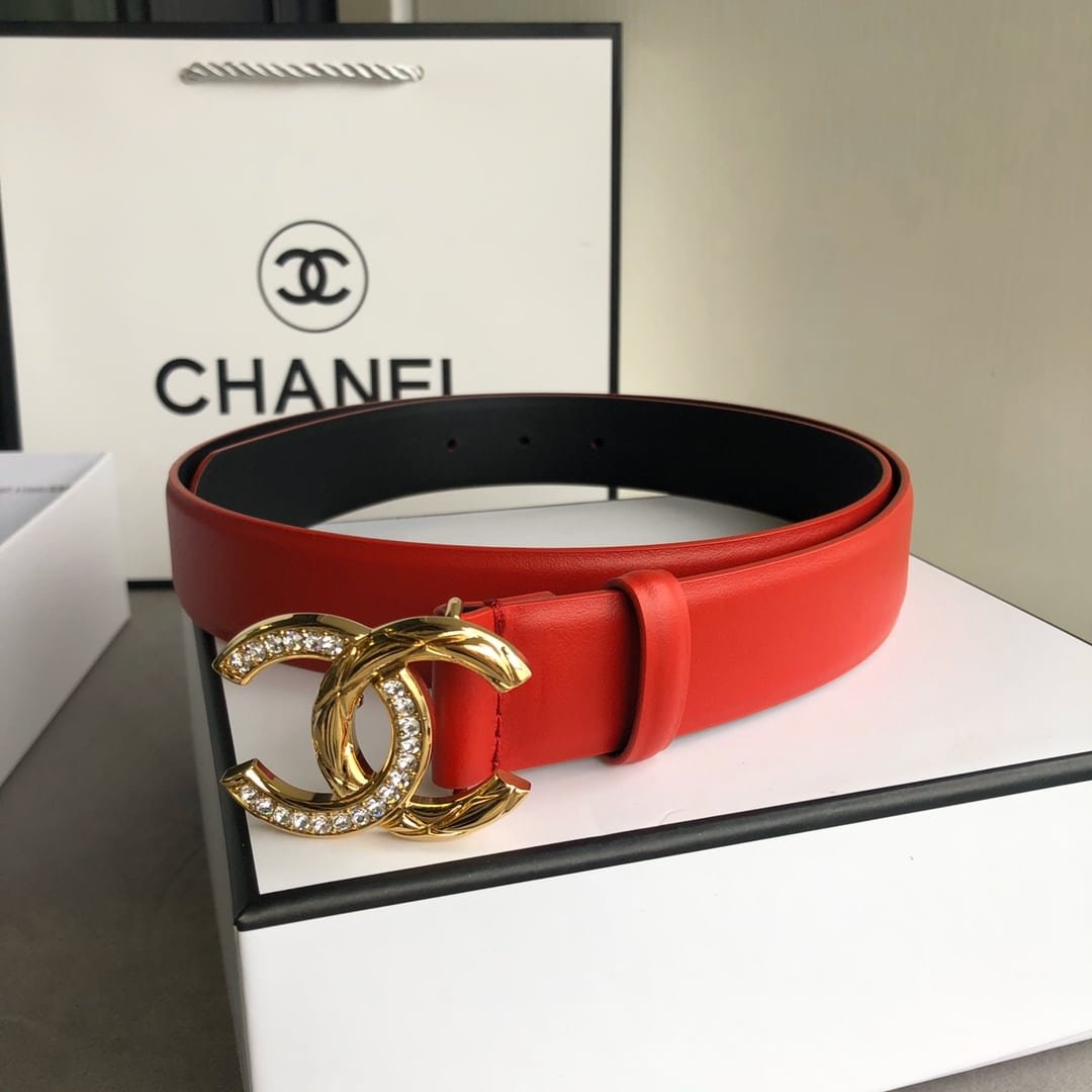 Ch**el Leather Belt With Cc Pearl And Gold Tone Metal Red 3Cm