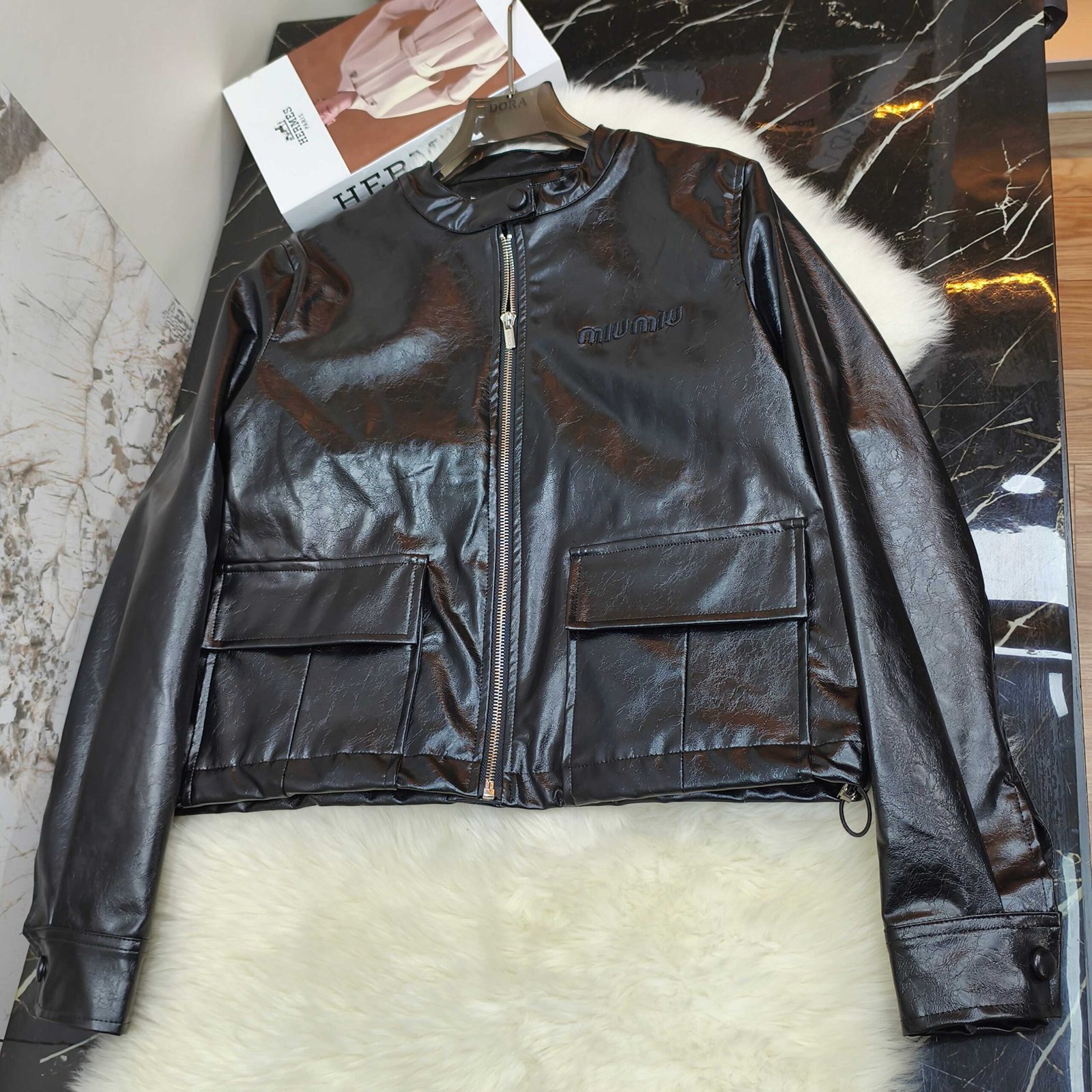 M1um1u Crop Top Jacket Black Leather